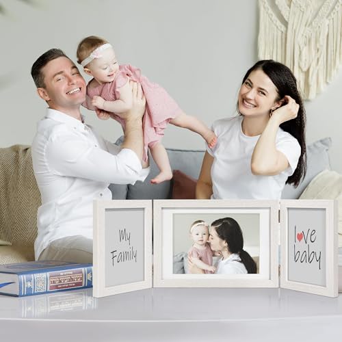 Afuly Photo Frame, Postcard Size, 2L, 3-Panel, Stylish Folding Photo Frame, Tabletop/Wall-Mountable, Wood Grain Finish, White, Perfect Gift for Weddin