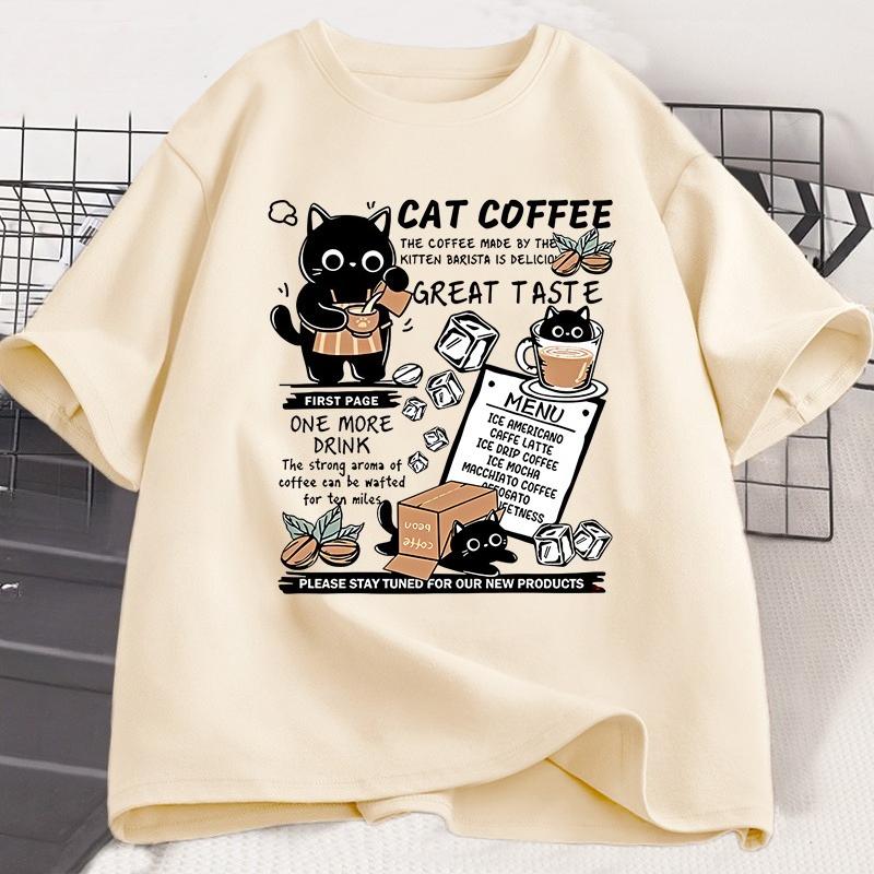 Funny Cat Make Coffe Print T Shirt for Unisex WOMEN Tshirt Summer Loose Cotton Short Sleeve Trendy Y2k Tops Unisexs Designer Clothes