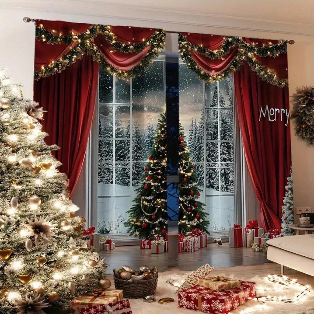 2pcs, Christmas Red Snowflake Translucent Curtains, Holiday Atmosphere Decoration For Living Room Bedroom, Sunscreen And Privacy