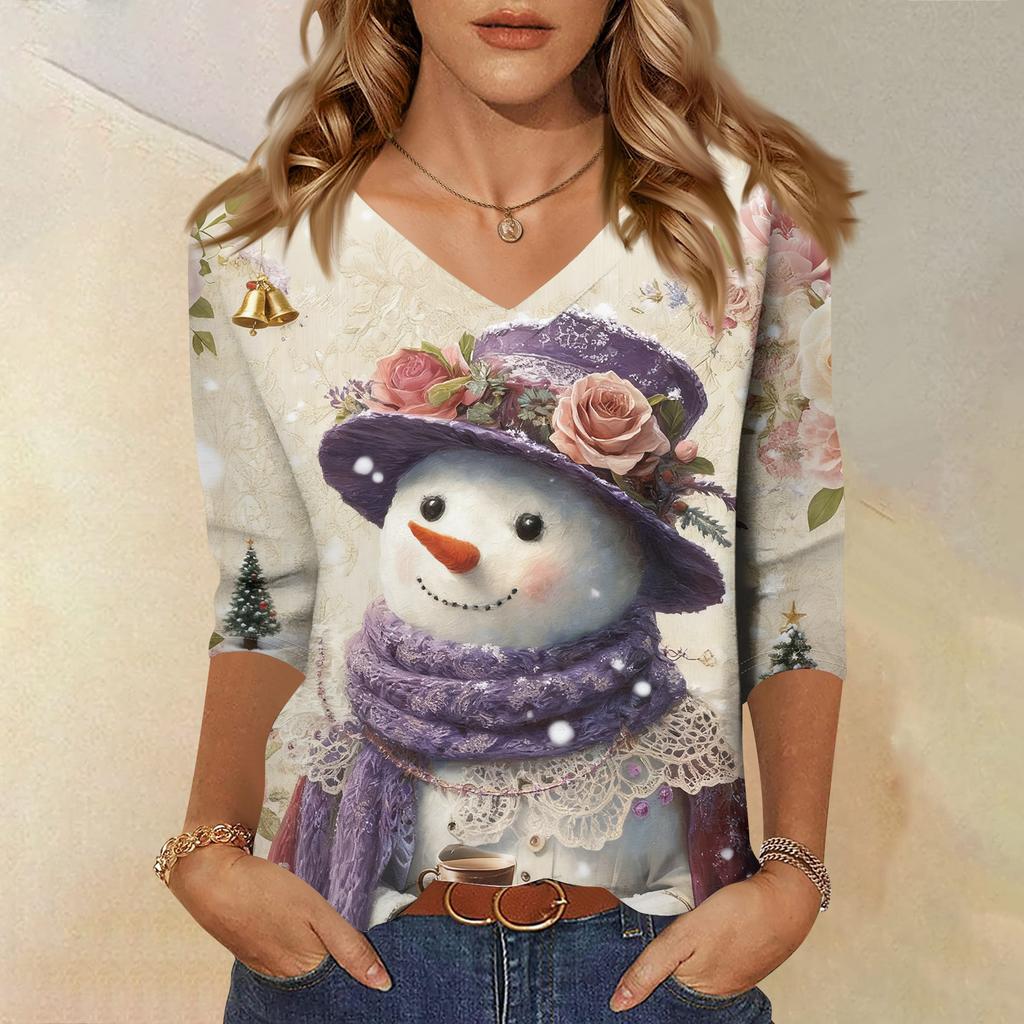 3/4 Sleeve Shirts For Women Print Christmas Tees Blouses Casual Plus Size Basic Tops Pullover