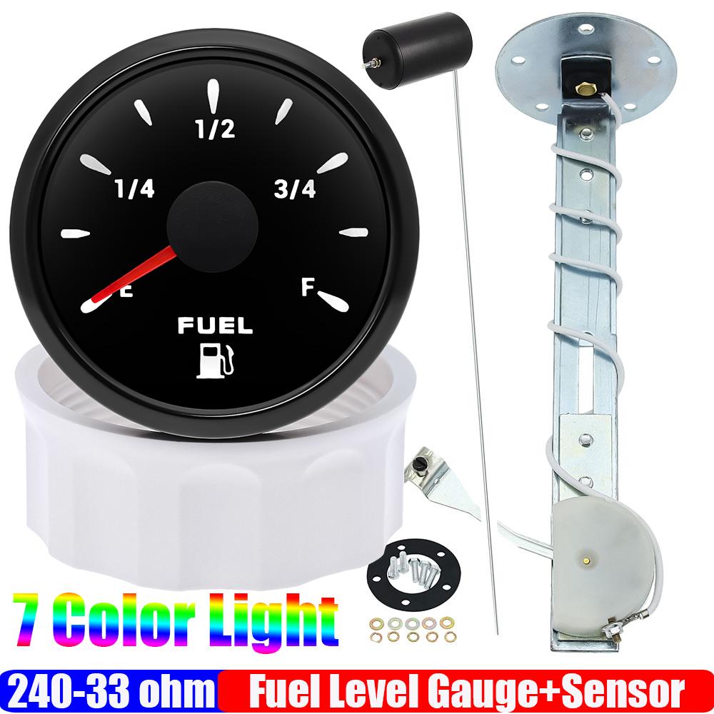 7 Color Light 52mm Fuel Level Gauge+Fuel Float Level Sensor 240-33 OHM for Auto Car Boat Waterproof IP67 Oil Tank Meter 12V 24V