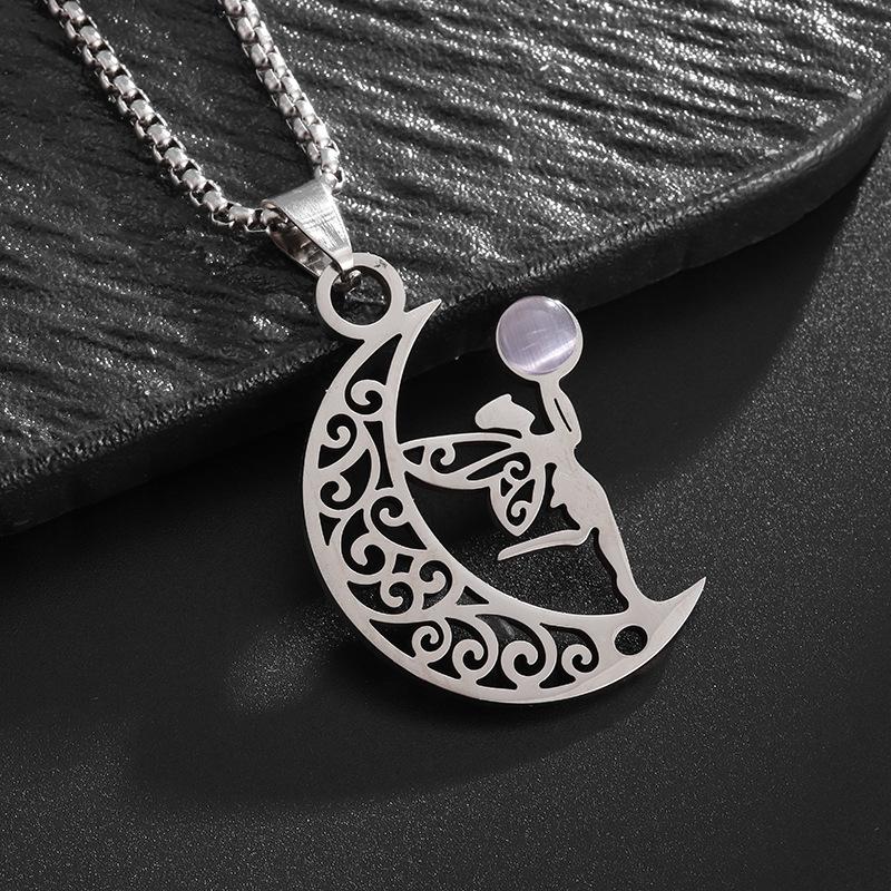 Hot Selling In Europe and America Simple and Fashionable Girl Style Titanium Steel Cut Hollow Moon Elf Pendant Stainless Steel