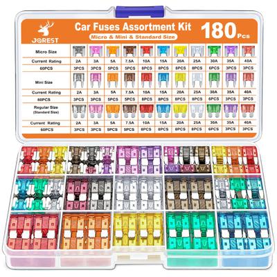 JOREST Car Fuse Includes 60 Mini Flat 60 Flat 60 and 1 Fuse Clip for and Motorcycles 180-Piece Kit, Fuses, Fuses, Low-Profile Fuses, Cars, Trucks,
