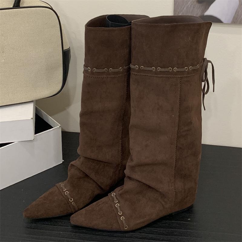 

Eilyken Winter Punk Vintage Women Knee High BootsDesigner Lace-up Pointed Toe Height Wedges Heels Shoes Botas De Mujer 40 кофейный