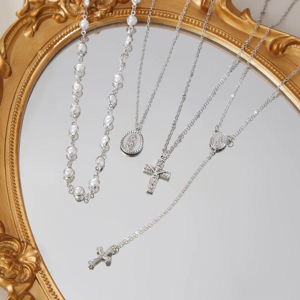 Cross Cross Pendant Necklace Multilayer Clavicle Chain Simple Imitation Pearl Necklace  Gift