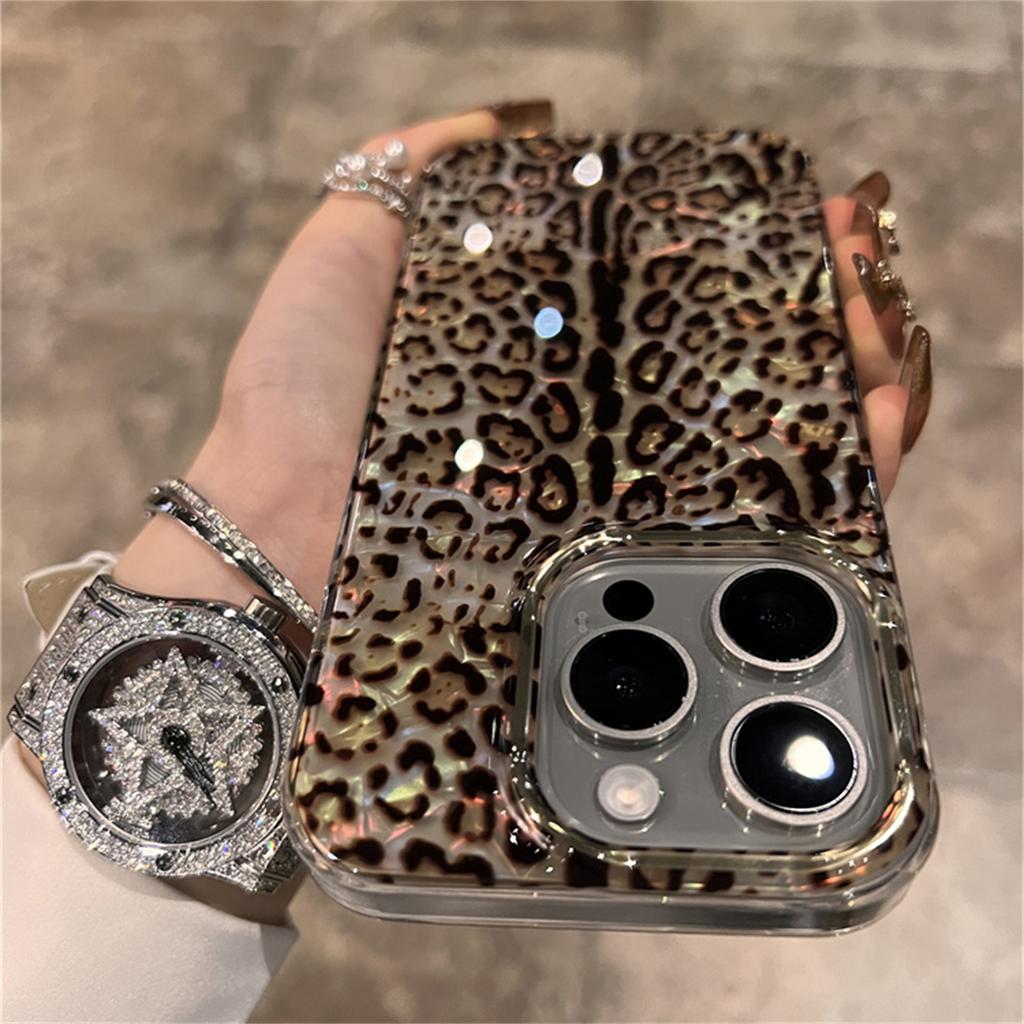 Elegante Custodia con Stampa Leopardata e Motivo a Guscio Laser per iPhone 16 15 14 13 Pro Max 11 12 Elegante Cover Morbida Antiurto Funda
