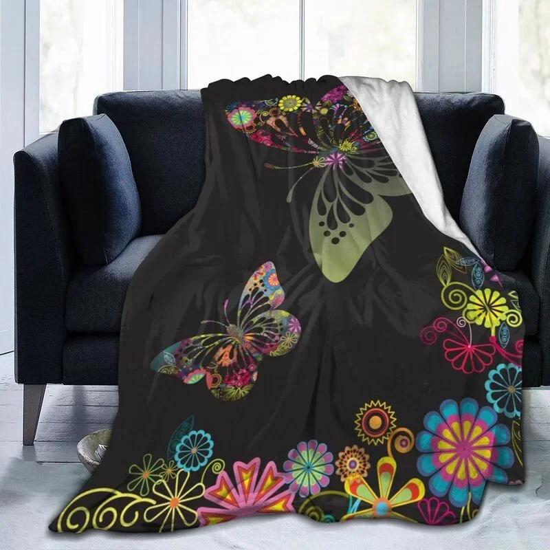 Cartoon Butterfly Pattern Throw Flannel Blanket Chic Super Soft Warm Plush Blanket for Bedroom Couch Sofa Decoration
