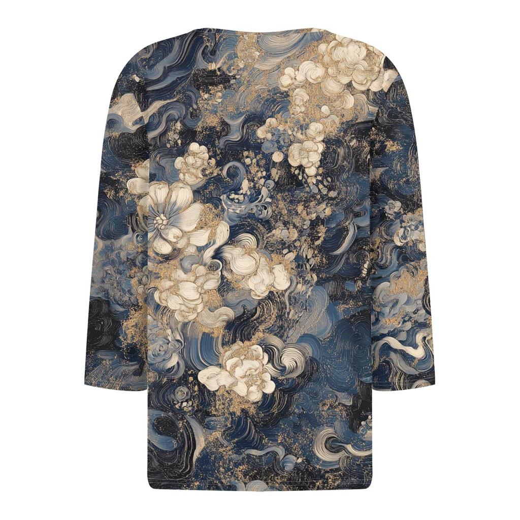 Women's T Shirt Print Button 3/4 Sleeve Daily Weekend Fashion Basic V- Neck Regular Top