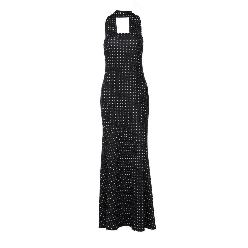 Women European Style Polka Dot Ribbon Strapless High Waist Slim Sexy Dress