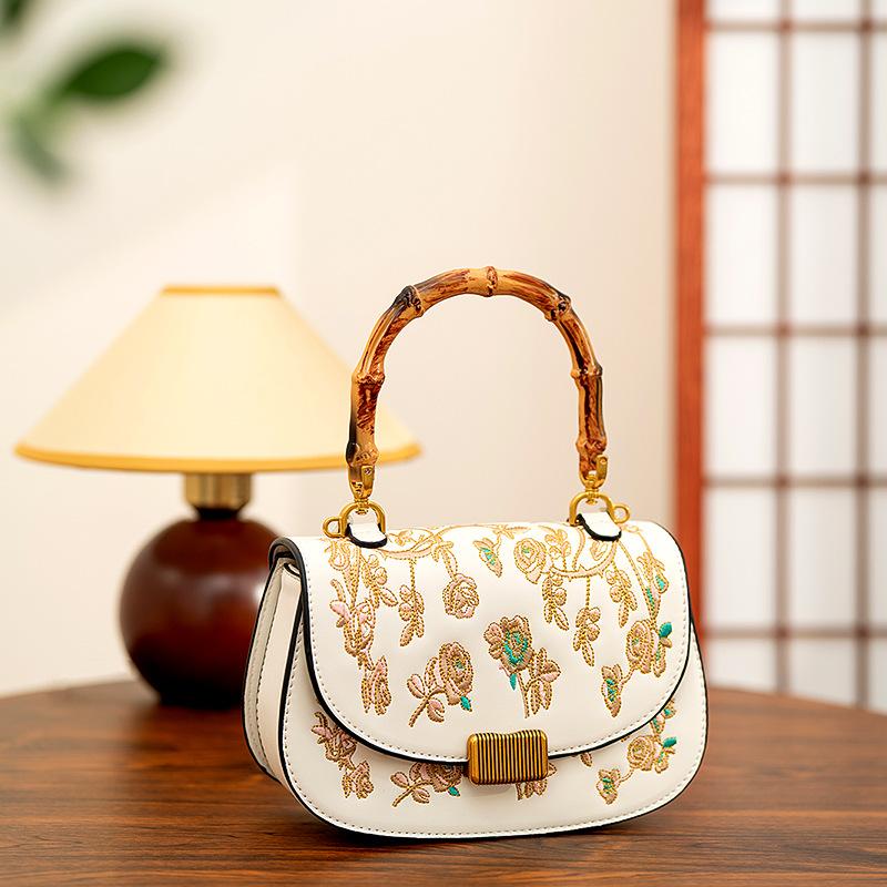 Chinese-style Suzhou Embroidery Bamboo Joint Saddle Bag, Traditional Chinese Style Mother's Handbag, Crossbody Small Bag