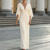 Womens 2026 Fall Elegant V-Neck Wrap Waist A-Line Maxi Dress With Batwing Sleeves Loose Fit