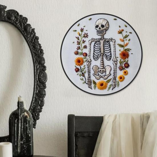 1 Set Halloween Embroidery Kit with Hoop Threads Scissors Threader Beginners Gothic Stamped Cross Stitch Hand Embroidery Starter Kit