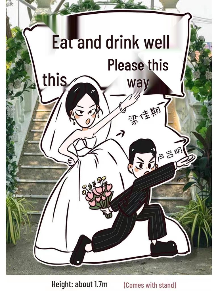 Welcome Sign Wedding Standee: Hand-Painted Cartoon Figure Poster Board for Event Decoration