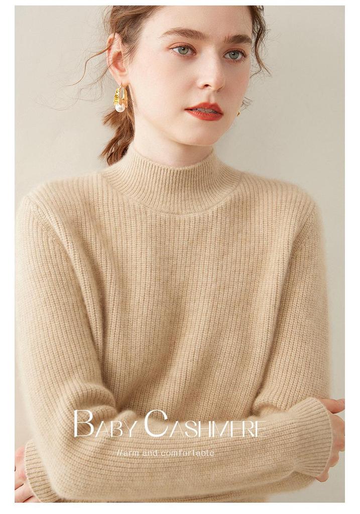 Women's Cashmere Knitwear: Coin Stitch Half-High Collar, Solid Color, Thick Loose Base Layer Sweater for Autumn and Winter.