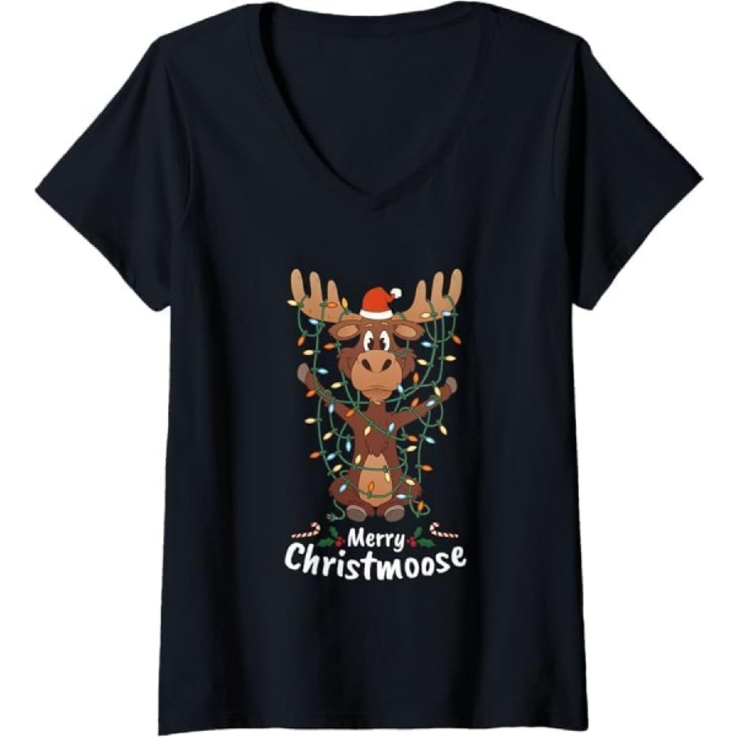 Womens Merry Christmoose Christmas Moose Xmas Tree Lights Gift V-Neck T-Shirt TRU Mens Tank Top Sweatshirt Hoodie Longsleeve Black S