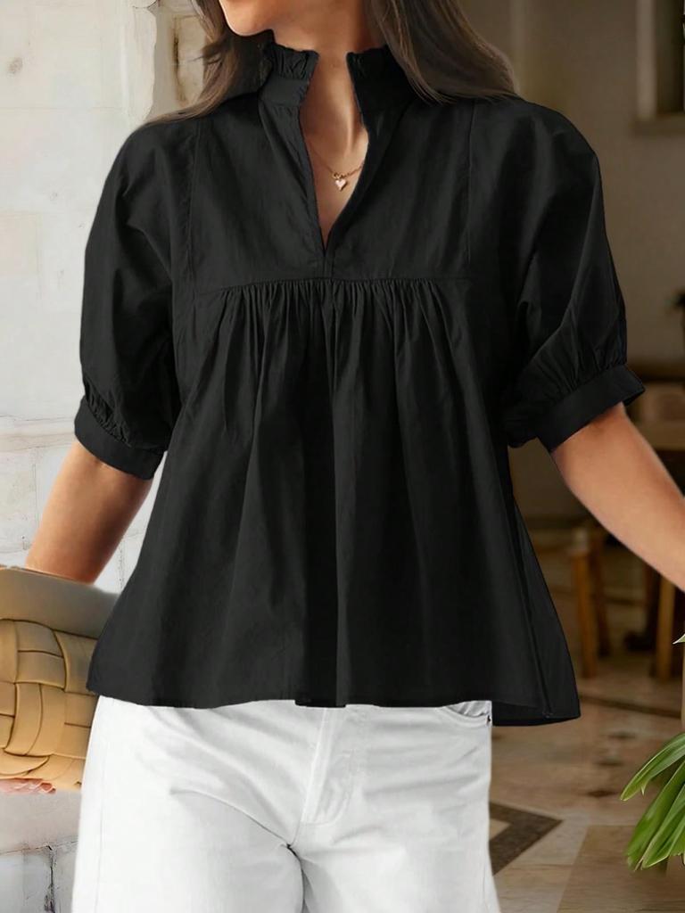 Women's Puff Sleeve V Neck Babydoll Blouse Peplum Pleated Loose Dressy Casual Top