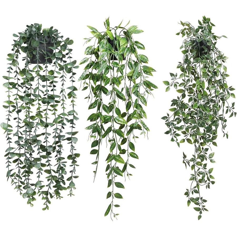 

Искусственные висячие растения, 3 упаковки искусственных висячих растений. Искусственные зеленые растения в горшках. Искусственная эвкалиптовая лоза, лоза мандалы в горшке.
