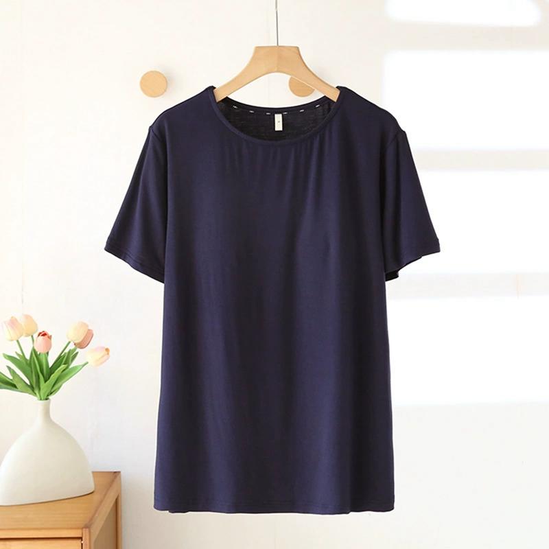 Women O-neck T-shirt with Built-in Bra Casual Solid Color Short Sleeve Top
