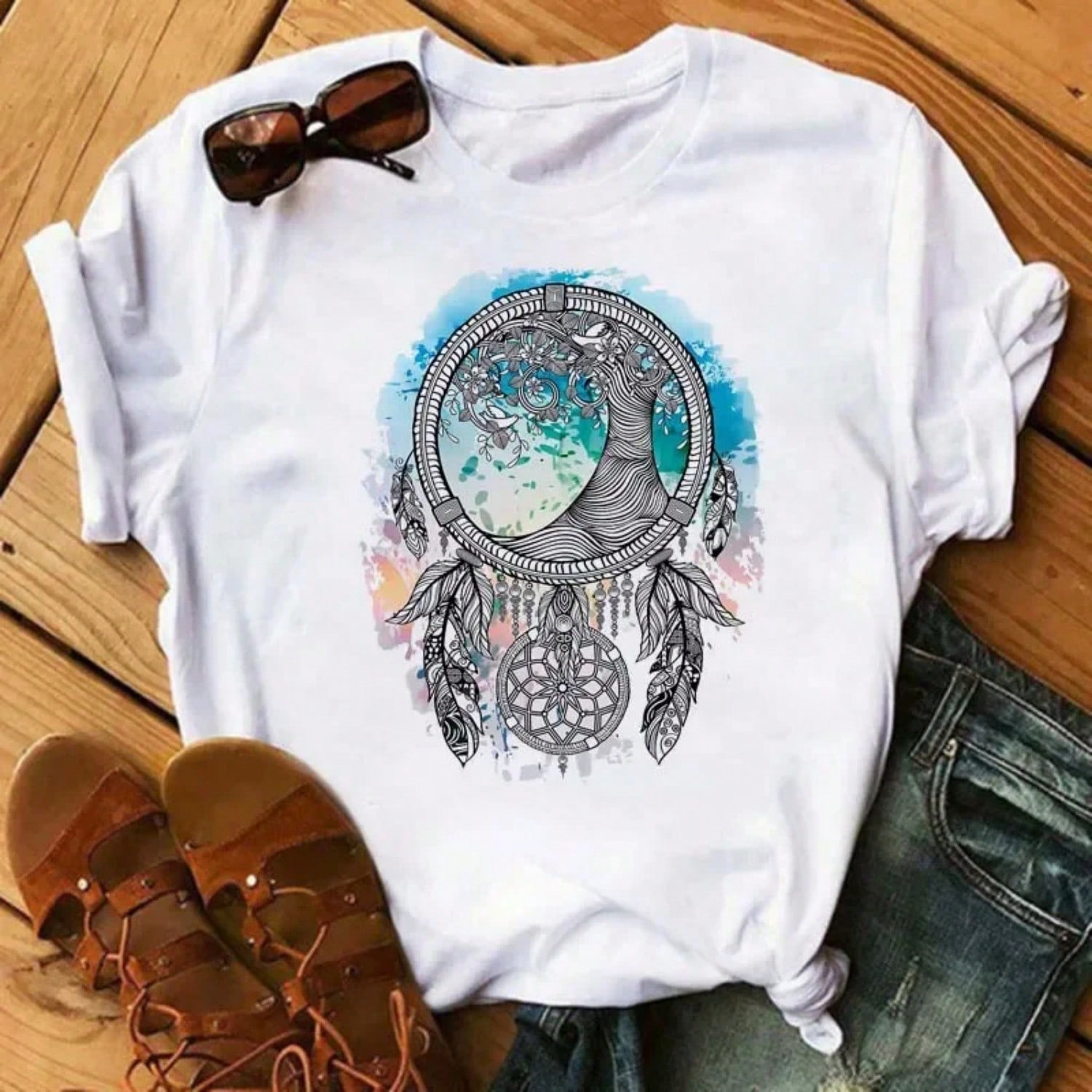 Fashion Feather Dreamcatcher T Shirt unisex Harajuku Graphic Tees Shirt Femme Dream Catcher unisex s T-Shirt Clothes Tops S разноцветный