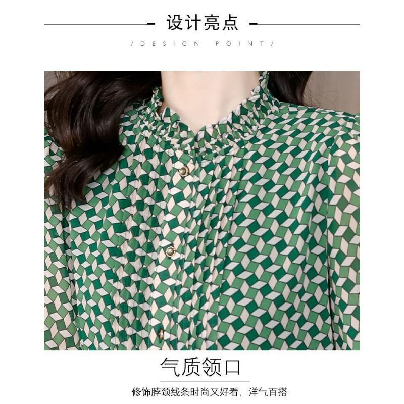 Chiffonblus Dam Långärmad Ny Höstmode Tryckt Ståkrage Temperament Mångsidig Chiffonblus Topp