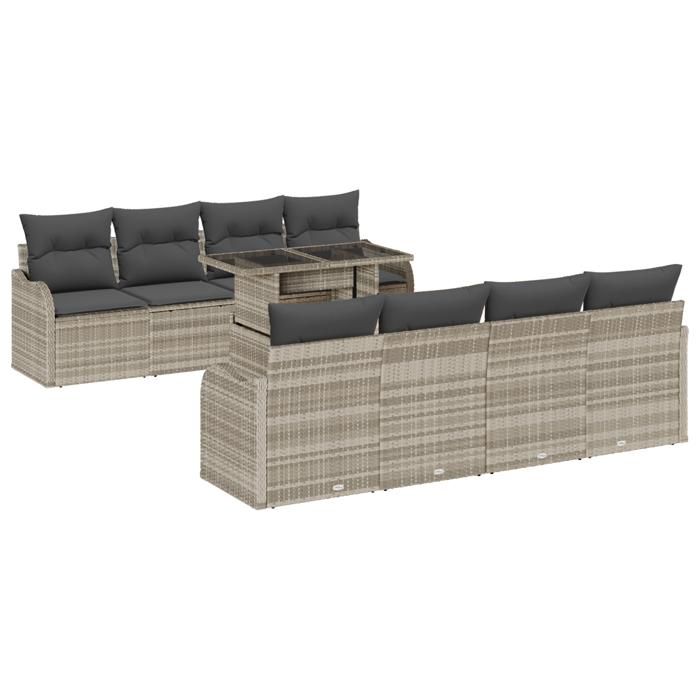 Ensemble de canapé de jardin 9 pièces avec coussins en poly rotin gris clair, Canapé de jardin deux places avec coussins 3348428