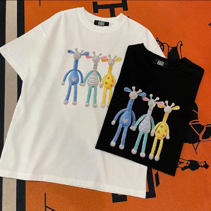 

Новая летняя футболка с рисунком из мультфильма Hot Diamond Loose Cotton с короткими рукавами Temperament Base Shirt для женщин 3XL чёрный