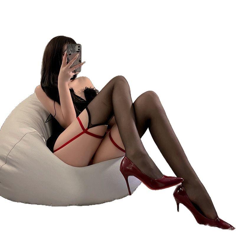 Wrap-Around Sexy Suspender Socks Integrated Women'S Black Silk Pure Desire Cross Leg Ring Stockings Red Edge Black Long Knee Socks
