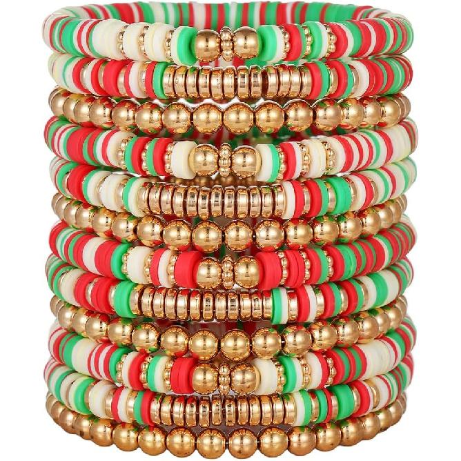 12pcs Friendship Bracelets Beaded Bracelets Heishi Bracelet Cute Bracelets Stack Vinyl Clay Disc Bead Surfer Stretch Summer Beach Bracelets For Women