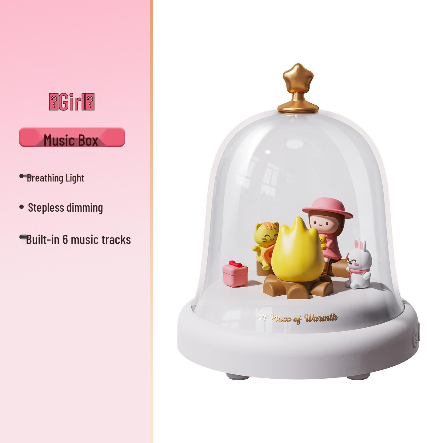 Luminous Firewood Music Box Night Light for Girls - Creative Candlelight Ornament with Transparent Cover
