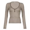 New American Style V-Neck Casual Solid Color Button Patchwork Slimming T-shirt for Spring & Summer