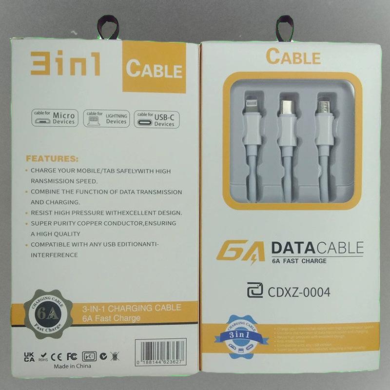 3-in-1 Fast Charging Cable: Compatible with Type-C, Micro, and Apple Lightning Devices