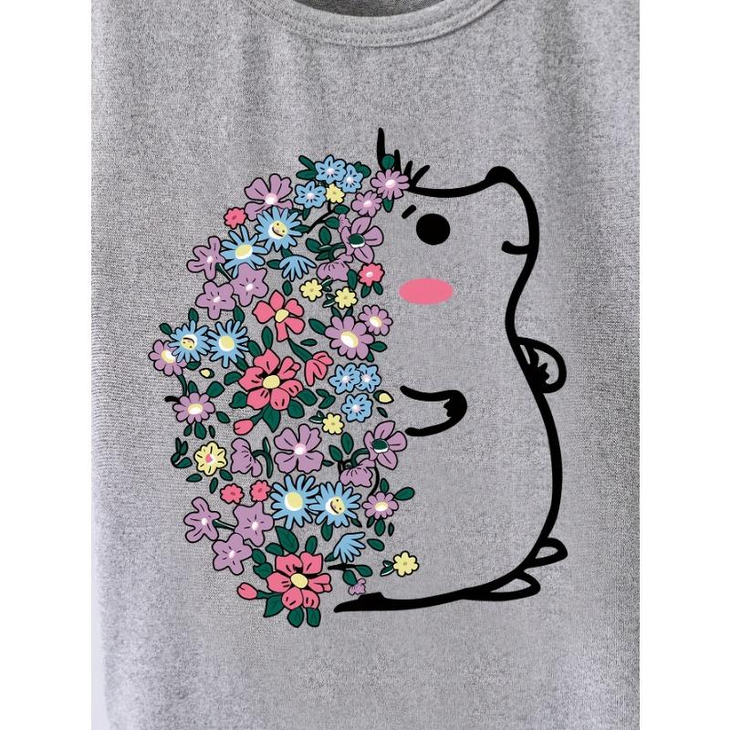 Letnie Różowe Ubranka dla Niemowląt Dziewczynek Dziecięce Codzienne T-shirty z Nadrukiem Kreskówkowym Kwiatem Jeża Dzieci Okrągły Dekolt Krótki Rękaw Top