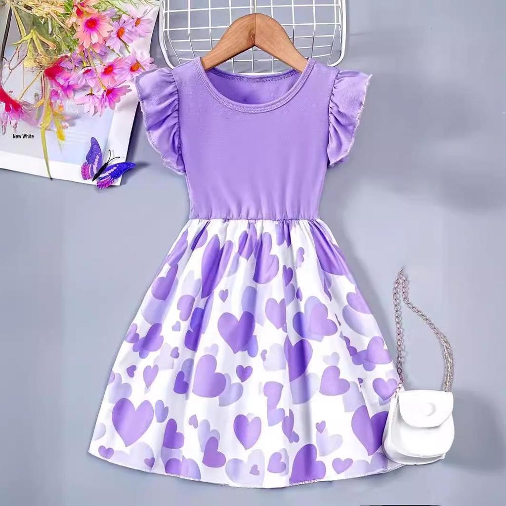 European & American Style Girls' Short Sleeve Heart Print Knitted Dress