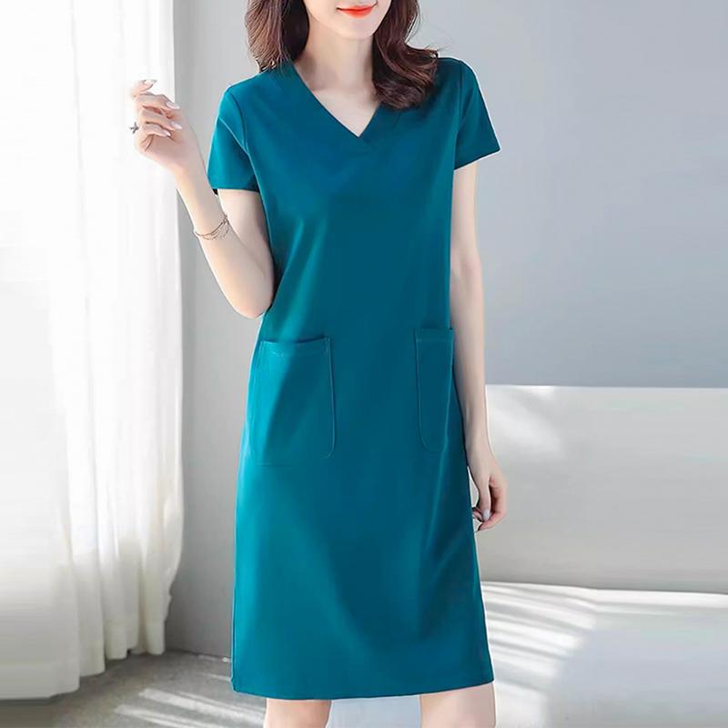 

ZANZEA Женское повседневное однотонное платье с V-образным вырезом и коротким рукавом 5XL синий