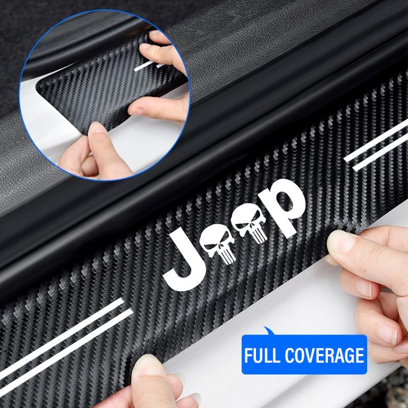 1/4/5Pcs JEEP Car Door Sill Scuff Plate Decor Carbon Fiber Stickers For Jeep Renegade Compass Grand Cherokee Wrangler Gladiator ALU1