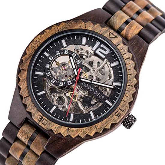 DODO DEER and Wooden Luminous Wooden Gift Premium Automatic Wood Watch Men's Women's Watch, Mechanical, Automatic, Skeleton, Index, Box, (D18-1