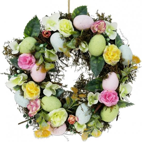 DearSun 11.2" Spring Wreath Easter Wreath with Flowers, Eggs, Green Leaves and Twine, Hanging on Home Indoor Outdoor Front Door Wall