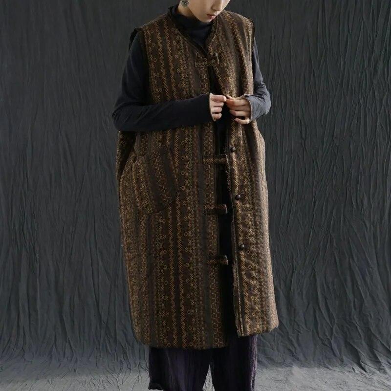 Johnature נשים סגנון סיני פלוס כותנה אפודות מעילים צווארון וי הדפס פרחוני כפתור אביב רפוי וינטג' נשים אפודות ארוכות