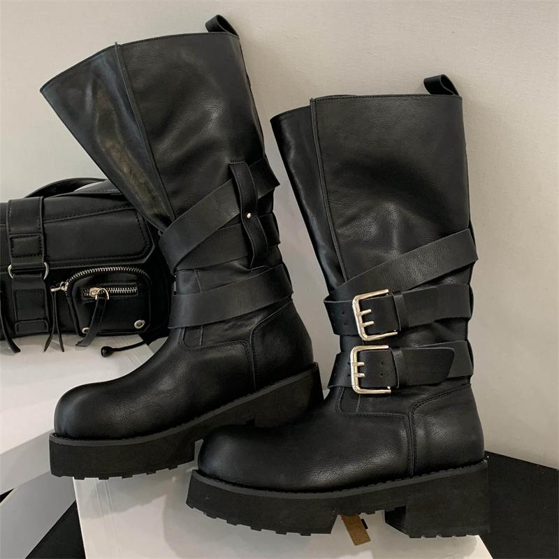 Eilyken Designer Round Toe Woman Knee High Boots Square Heels Buckle Strap Long Booties Comfortable Shoes Zapatos Mujer