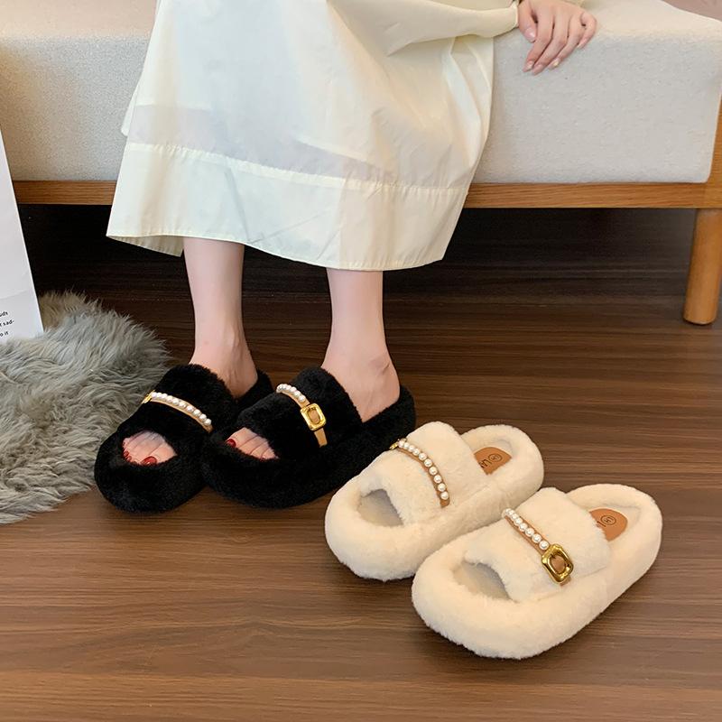 Pearl fluffy slippers women's wear 2025 autumn new thick bottom Internet celebrity fleece cotton mop home word casual hair mop