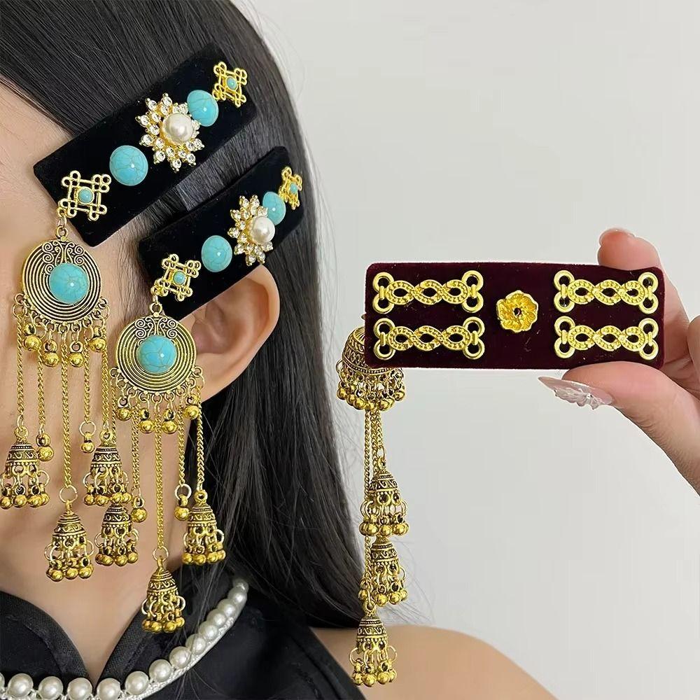 Rhinestone Ethnic Style Side Clip Square Bangs Hairpin Tassel Hair Clip  for Women Haircard