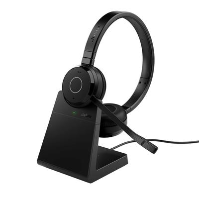 Jabra Evolve 65 TE Headset Kabelloses binaurales Mikrofon Link 390a UC Stereo mit Ständer Geräuschunterdrückung Bis zu 16 Stunden Gesprächszeit Lederpolster für