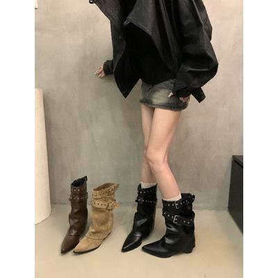 Amerikanische Spice Girls Gürtelschnalle Hosen Stiefel Kurze Stiefel Damenstiefel Frühherbst Nischen-Design Kurze Stiefel Westernstiefel
