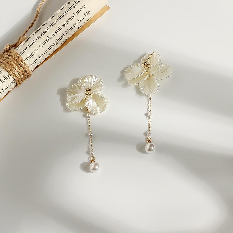 

Серьги из серебра 925 пробы с лепестками ракушек и жемчугом на длинных кисточках - Корейский милый стиль