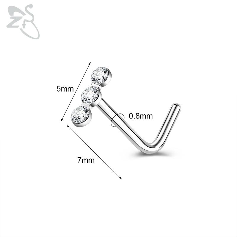 ZS 1 Piece Cute CZ Crystal Nose Stud L-Shape 20g Stainless Steel Nose Piercings Flower Moon Heart Shape Zircon Nostril Piercing