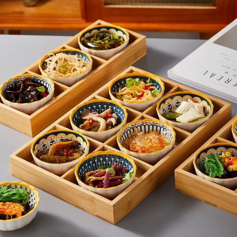 Große Bambus-Servierplatte im Rokugyo-Stil (33x22,5cm), Geteilter Lebensmittelbehälter, Perfekt für Gemüse, Mittagessen und Wurstwaren. Praktisch für Restaurants