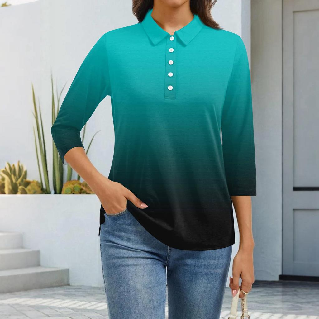 Dámská móda Ležérní klopa Krátký 3/4 rukáv Potisk Košile Dámské zapínací topy