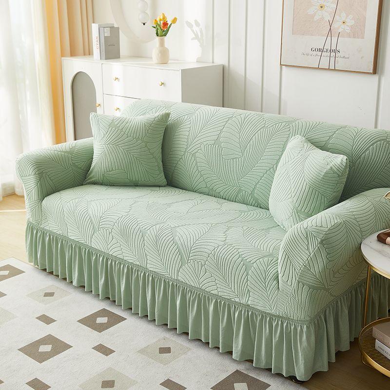 Elegant White Jacquard Sofa Cover with Ruffled Skirt Couch Protector for All Seasons, Modern Leaf Pattern Design, Elastic Fit for Living Room, Bedroom