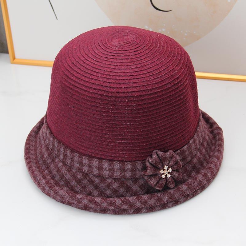 Autumn and winter middle-aged women's basin hat retro plaid crimped bucket hat foreign style mother hat flower decorative top hat thermal hat