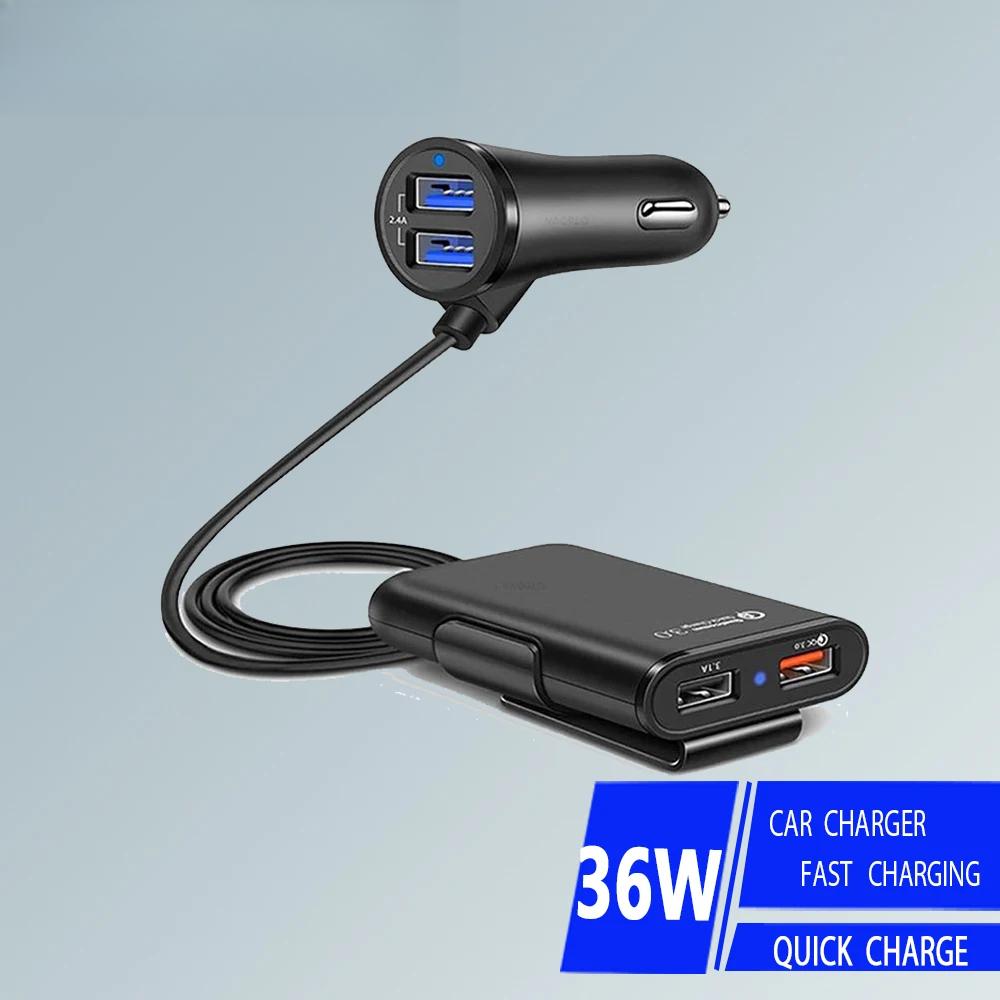 36W USB Car Charger Fast Charging One To Four Rear Seat Car Charge QC3.0 for IPhone Xiaomi 13 Samsung Huawei Car Phone Adapter